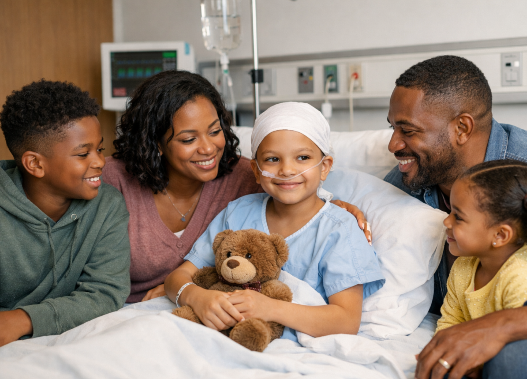 Child in a hospital bed with family and teddy bear, surrounded by medical equipment.
