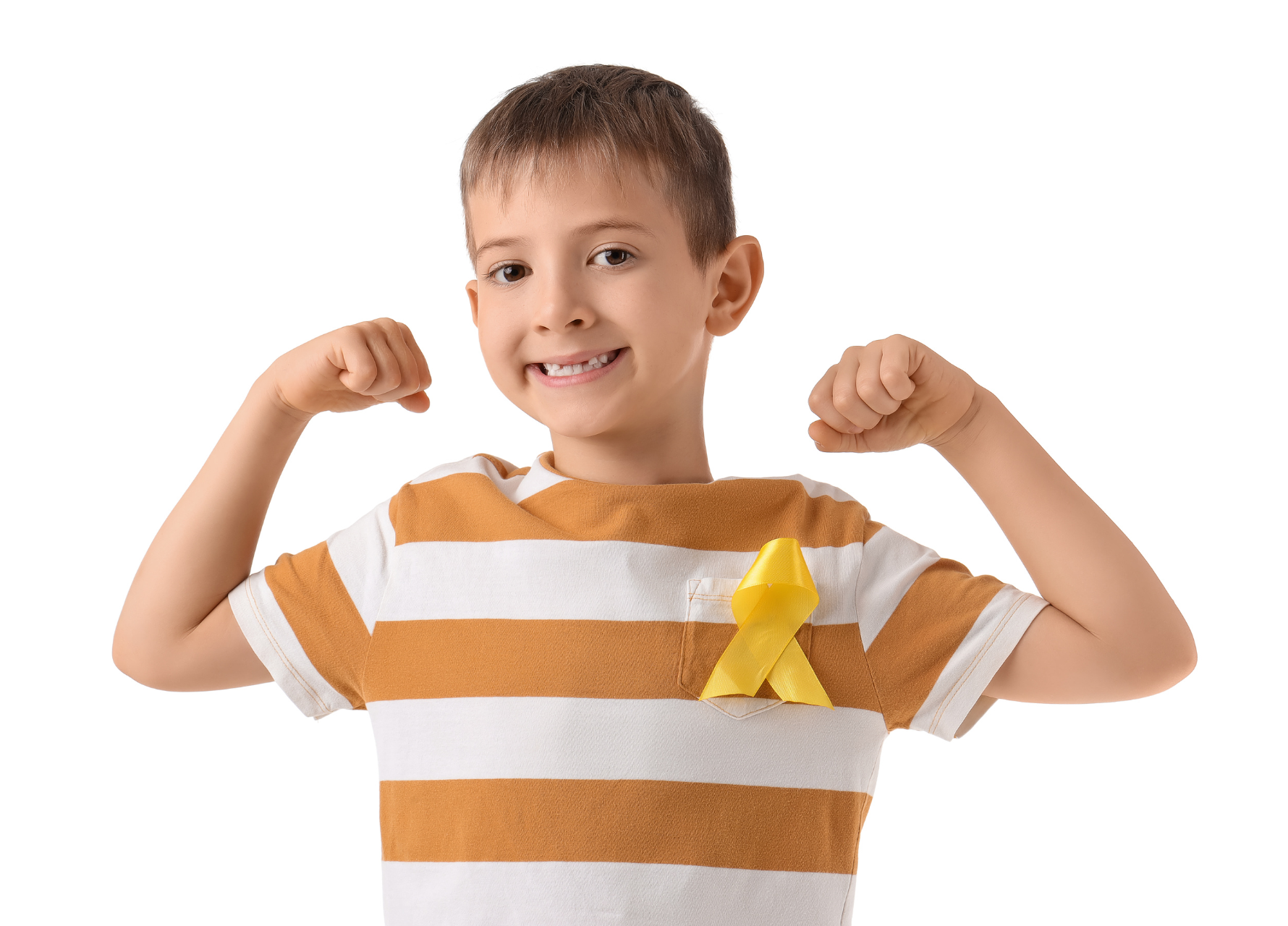 Child wearing a striped shirt with a yellow ribbon, flexing muscles on a white background