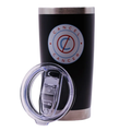 Black tumbler with 'Cancel Cancer' logo on a white background