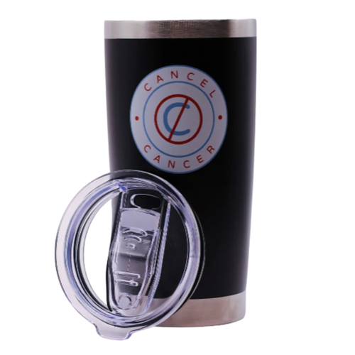 Black tumbler with 'Cancel Cancer' logo on a white background