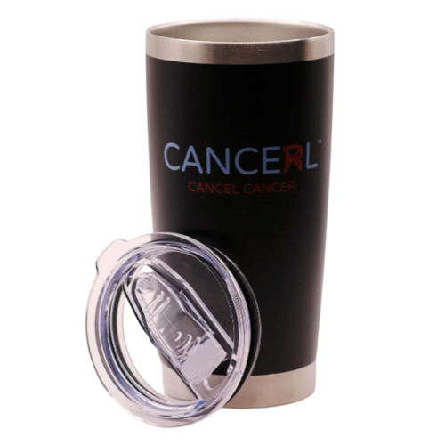 Black tumbler with Cancel Cancer logo on a white background