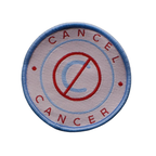 Round patch with 'Cancel Cancer' text and a no-circle symbol on a white background