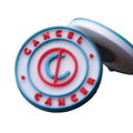 Round badge with 'Cancel Cancer' text and logo on a white background