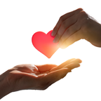 Two hands reaching towards a glowing red heart on a white background