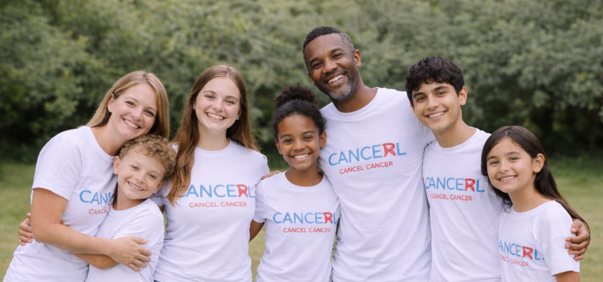 Diverse group of adults and children of various ages wearing Cancel Cancer t-shirts, standing outdoors