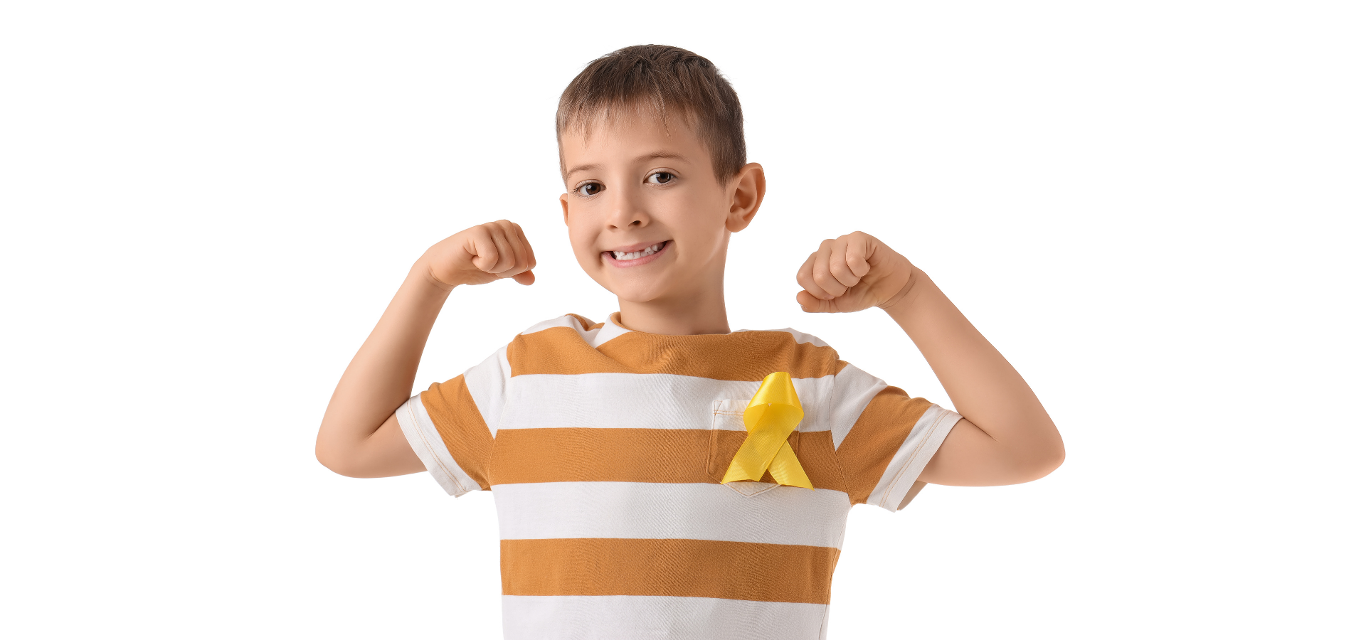 Child wearing a striped shirt with a yellow ribbon, flexing muscles on a white background