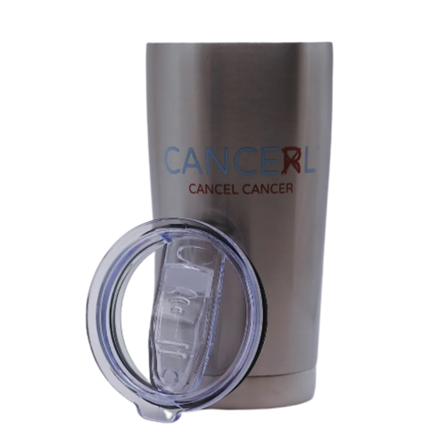 Stainless steel tumbler with Cancel Cancer logo on a white background
