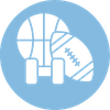 Icon of a building with a circular element on a blue background