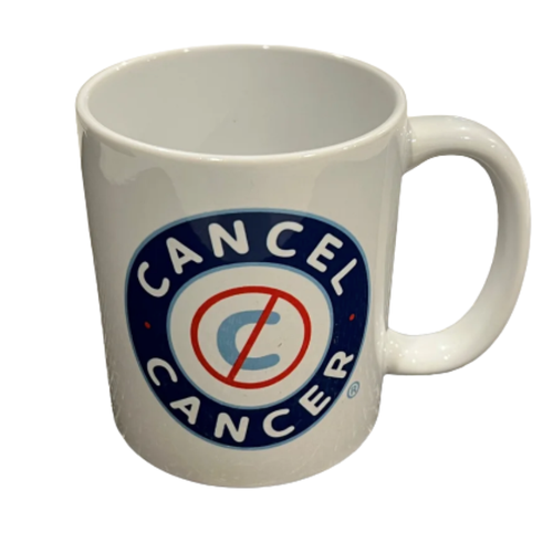 White mug with 'Cancel Cancer' logo on a white background