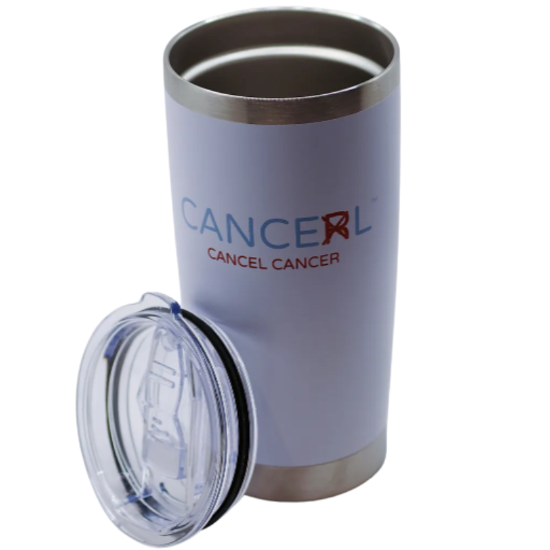 White tumbler with Cancel Cancer logo and text on a white background