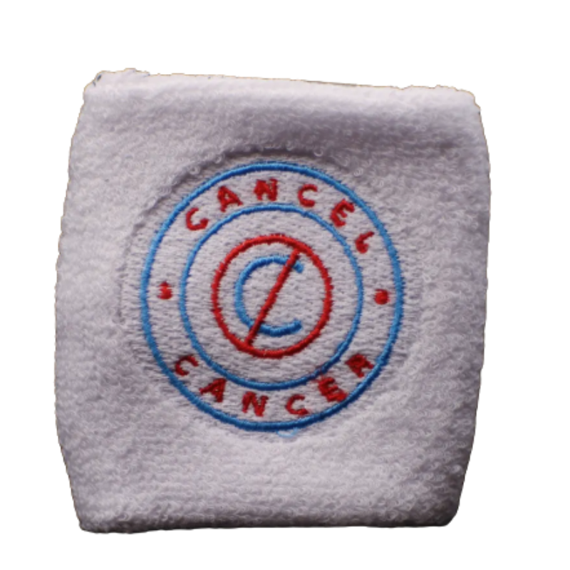 White wristband with 'Cancel Cancer' logo on a white background