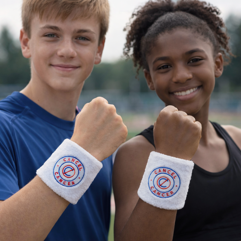 Two children wearing Cancel Cancer wristbands, standing outdoors.